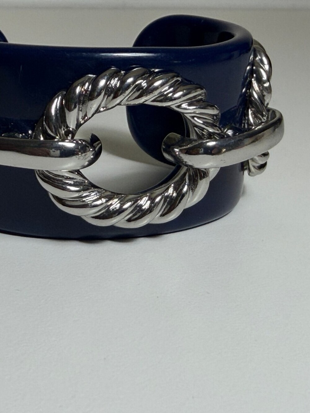 Navy Blue Resin Cuff Bracelet with Silver Tone Rope Link Design